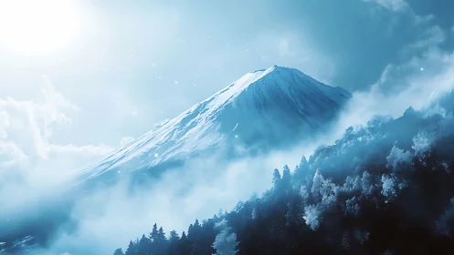 Digital painting of alpine peak in luminous winter atmosphere.