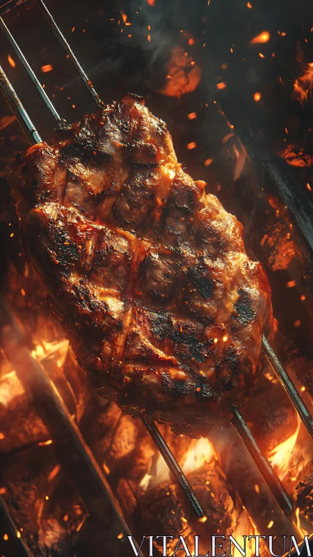 Charred steak over open flames on a hot grill. Period.