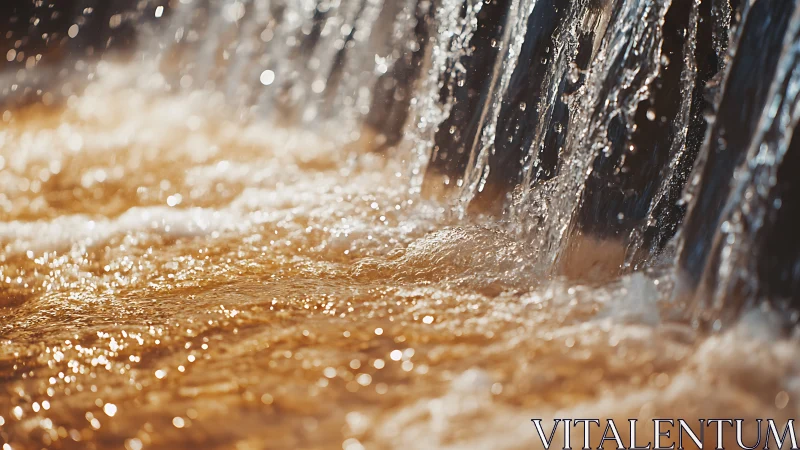 Golden cascade dances in sunlight over sparkling shallows.