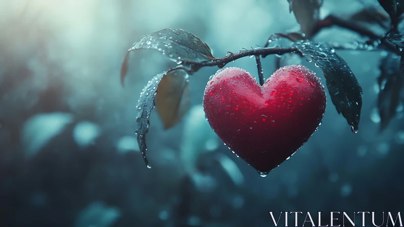A Heart-Shaped Fruit Glistens with Morning Dewdrops on Branch