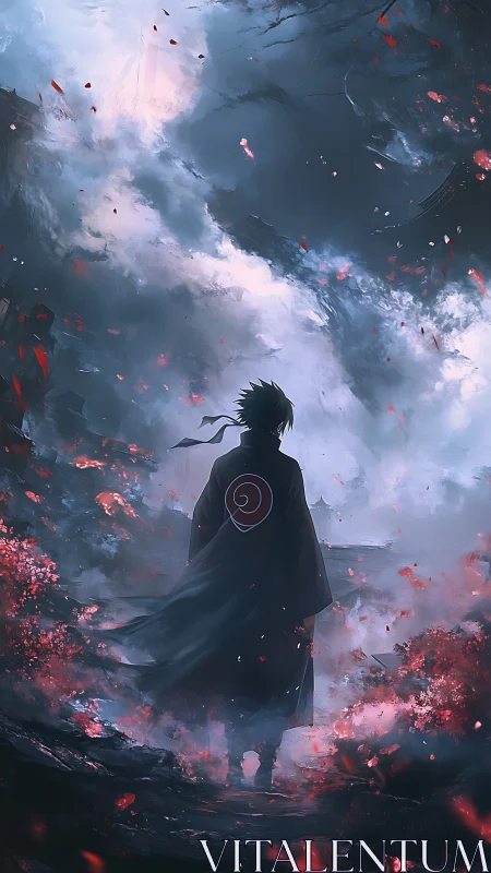 Stormlit wanderer in ember fog walks toward the broken sky.