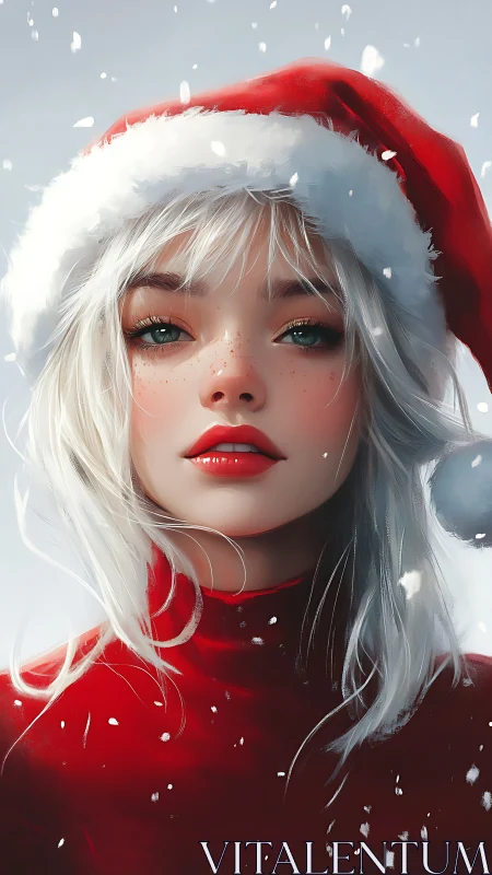 Snow-kissed holiday girl gazes softly in vivid red hues.