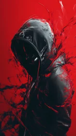 Hooded figure in black jacket amid red abstract streaks.