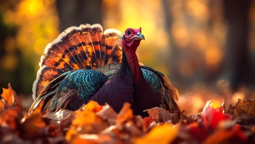 Wild turkey glows amid autumn leaves in golden forest light.