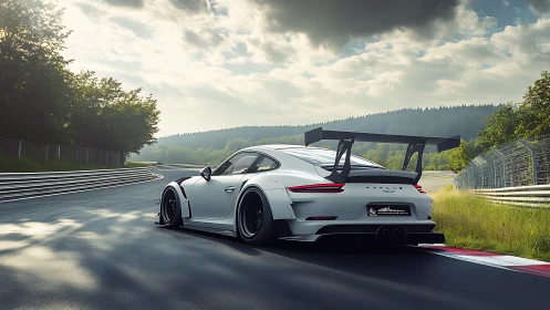 Sunlit track day with a winged white sports car poised.