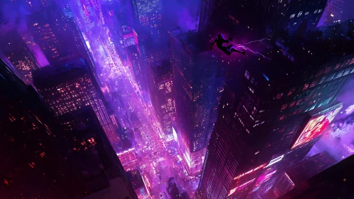 Neon-soaked cyberpunk city skyline with soaring figure.