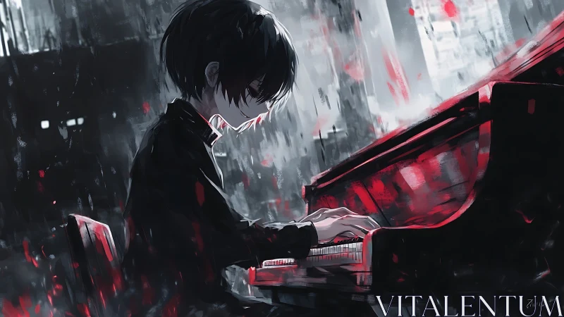 Melancholic pianist in red-lit rain plays a haunting melody.
