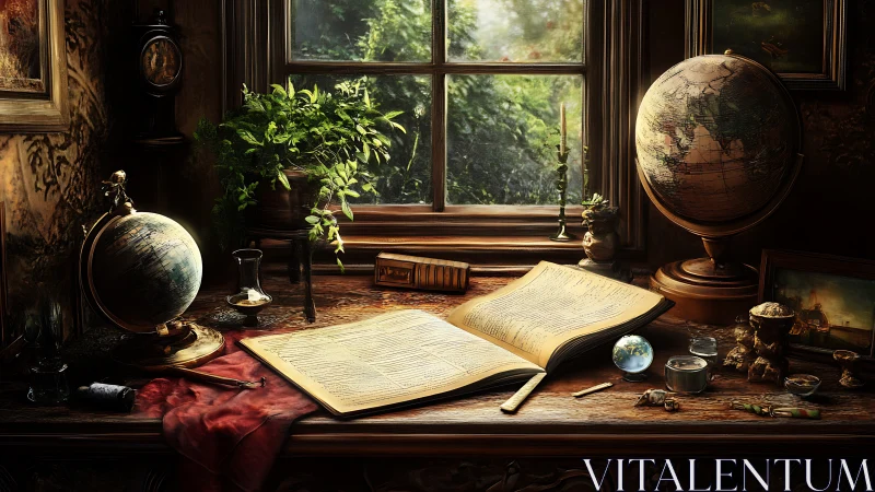 Sunlit scholar’s desk of maps, globes, and secret journeys.