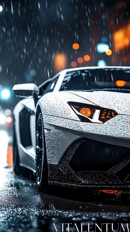 White supercar front in night rain with city bokeh lights