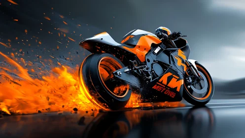 Futuristic orange superbike drifts through molten flame trail.