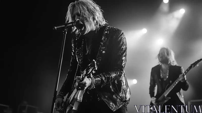 Electric rock vocalist in dramatic monochrome spotlight performance.