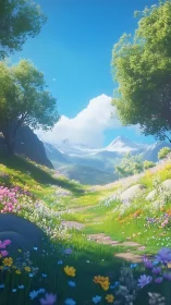 Mountain path winds through sunlit wildflower meadow valley