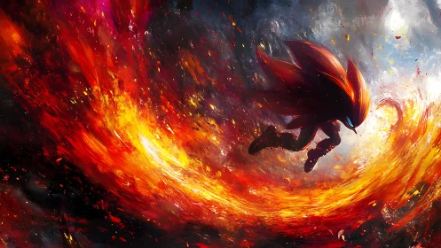Fiery speedster silhouette racing through explosive inferno arc