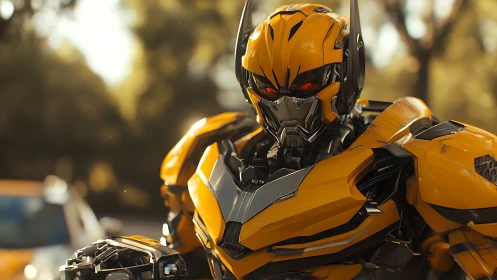 Armored yellow combat robot stands in warm urban sunlight.