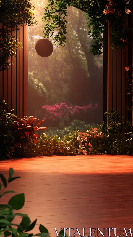 Digital garden stage with luminous forest backdrop framing.