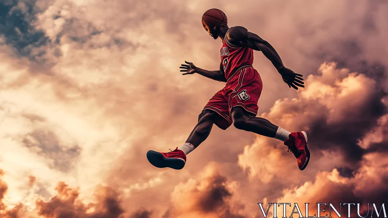 Basketball player in midair captured against dramatic sky
