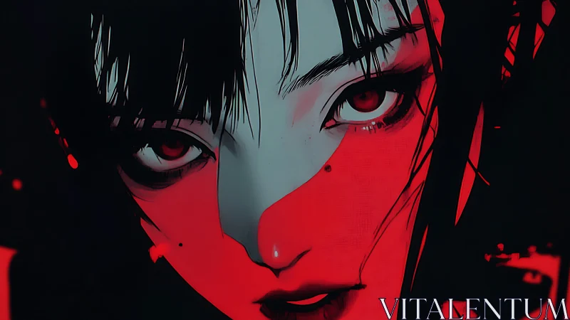Intense red-lit anime portrait with high-contrast shadows.