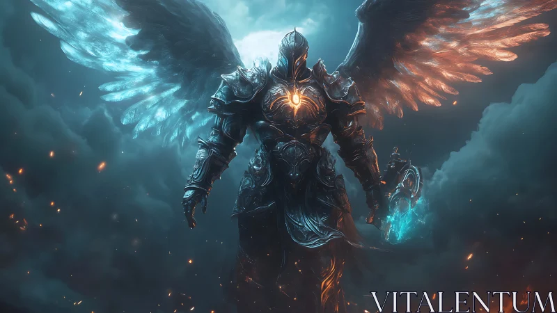 Armored angelic warrior descends amid stormlit celestial clouds