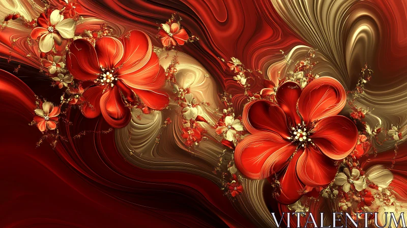Fractal-rendered red blossoms emerge from metallic fluid swirls