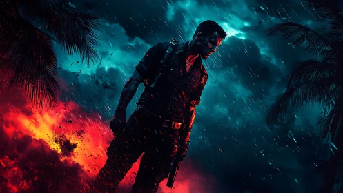 Action hero silhouette amid storm, fire, neon sky clash.