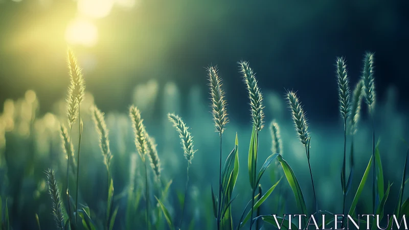 Sunlit meadow grasses swaying softly in evening glow.