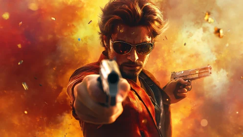 Bullet-bright rebel strides through molten sunset chaos