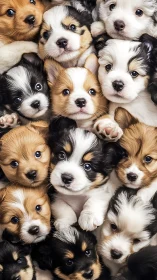 Multiple tricolor puppies are arranged in a dense vertical cluster