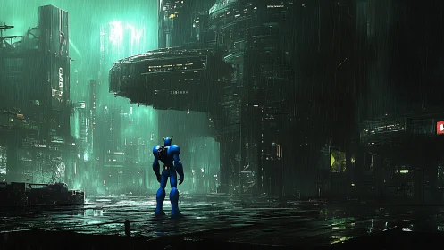 Blue mech surveys neon-soaked cyberpunk megacity in rain.