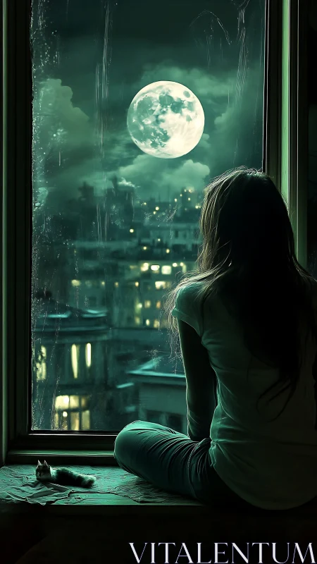 Girl watches oversized full moon through city window at night
