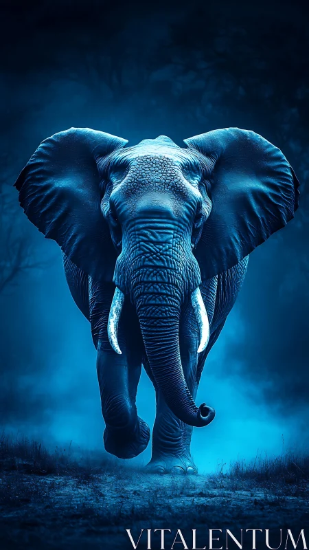 Majestic blue elephant walking forward through night mist.