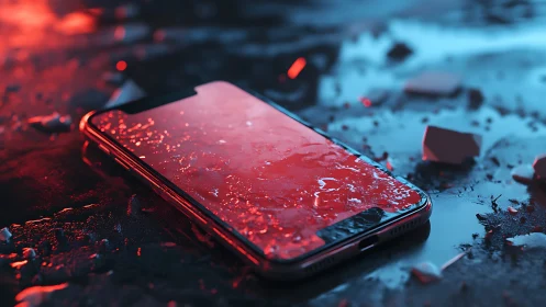 Waterlogged smartphone on neon-wet surface, high contrast study.