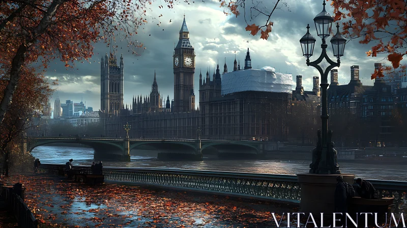 Autumn riverside stroll beside London’s glowing clock tower.