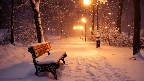 Snow-covered park bench under glowing winter lamplights.