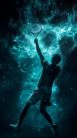 Tennis player silhouette reaches upward amid teal energy cloud