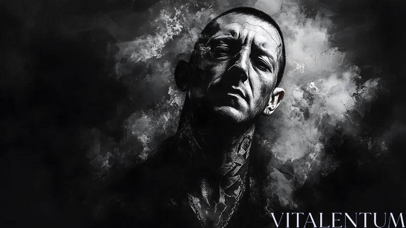 Monochrome male portrait with smoke and abstract textures.