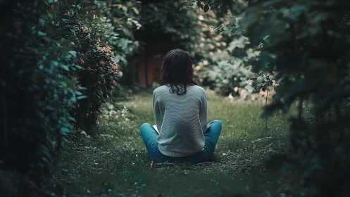 Woman Sitting Alone in Lush Garden, Moody Cinematic Style.