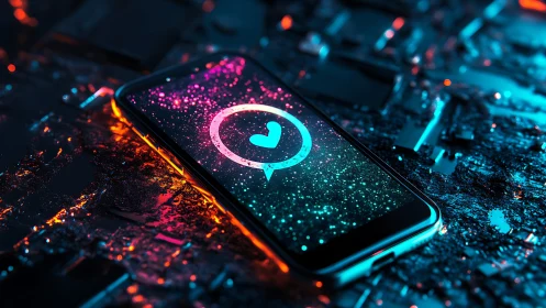 Neon smartphone heart icon glows amid futuristic circuit board