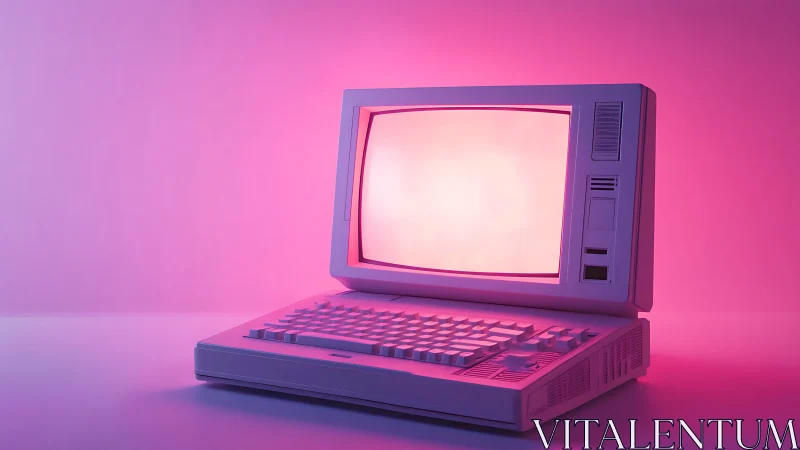 Vintage desktop computer under uniform pink studio lighting.
