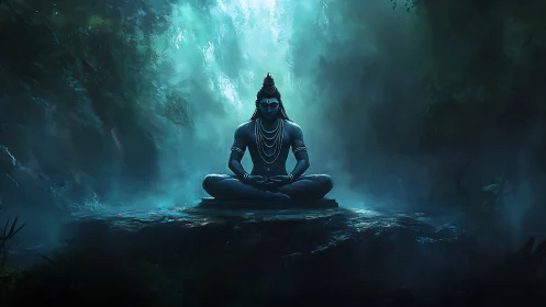 Meditating blue deity amid ethereal forest light cascade.