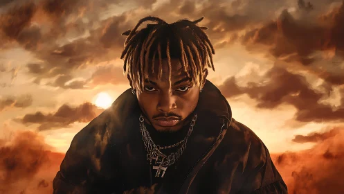 Moody portrait under blazing sunset sky in warm tones.