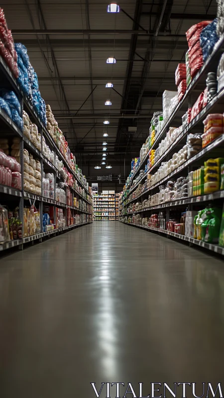Endless grocery aisle corridor under warehouse lights.