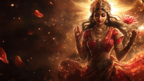 Divine goddess portrait in luminous gold and crimson digital painting