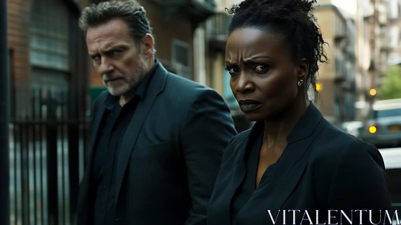 Two professionals in dark suits on urban street sidewalk.