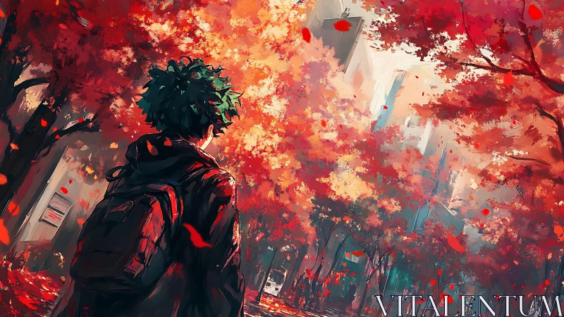 Backlit urban alley with autumn foliage and solitary traveler.