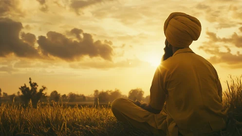 Man in yellow turban meditates in golden sunset field