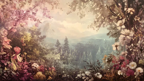 Layered Floral Foreground Frames Atmospheric Mountain Vista with Luminous Haze