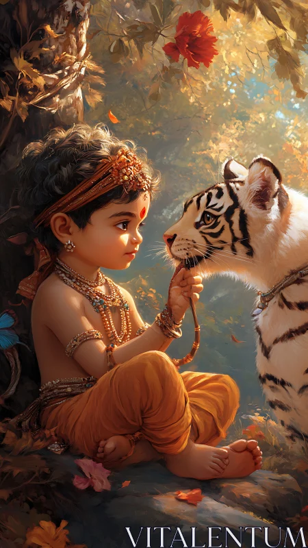 Forest prince and white tiger cub sharing autumn secrets.