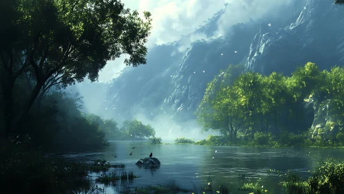 Lush river valley framed by dense trees and cliffs.