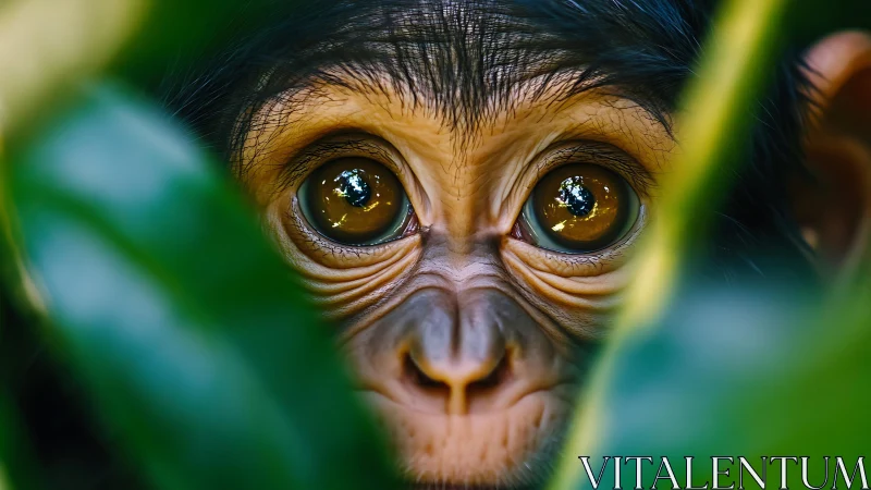Baby chimpanzee gaze peers through dense jungle leaves