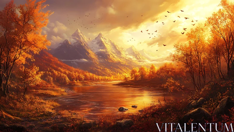 Autumn mountainside river under golden sunset light glow.